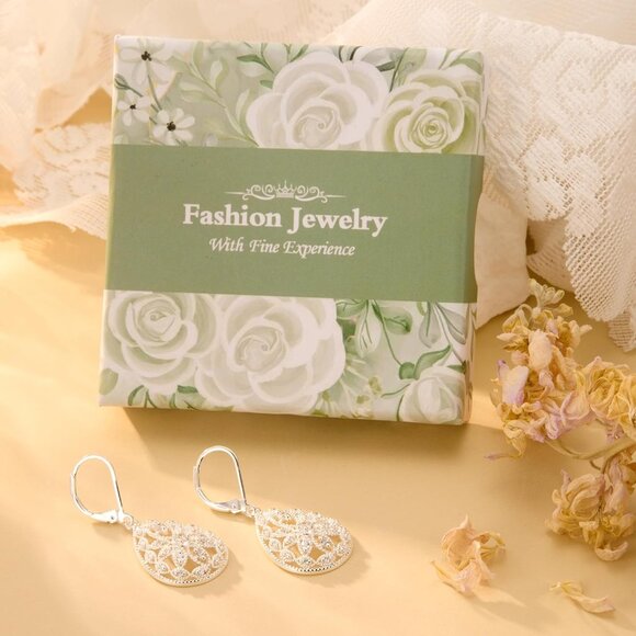 Women's 925 Sterling Silver Teardrop Dangle Earrings Cubic Zirconia Leverback - Picture 8 of 8